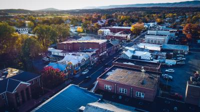 View of downtown Strasburg in fall from a drone